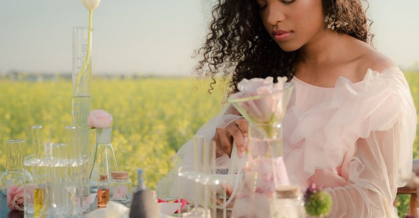 Continuous Testing - Young Woman in Airy Summer Dress Creating Perfumes in Flower Field Laboratory